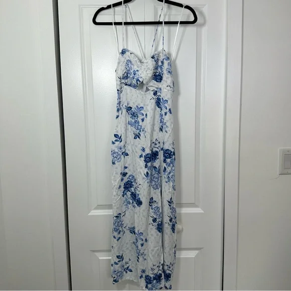 Zara | Dresses | Zara White And Blue Spaghetti Strap Cutout Maxi Sundress  Size Medium | Poshmark